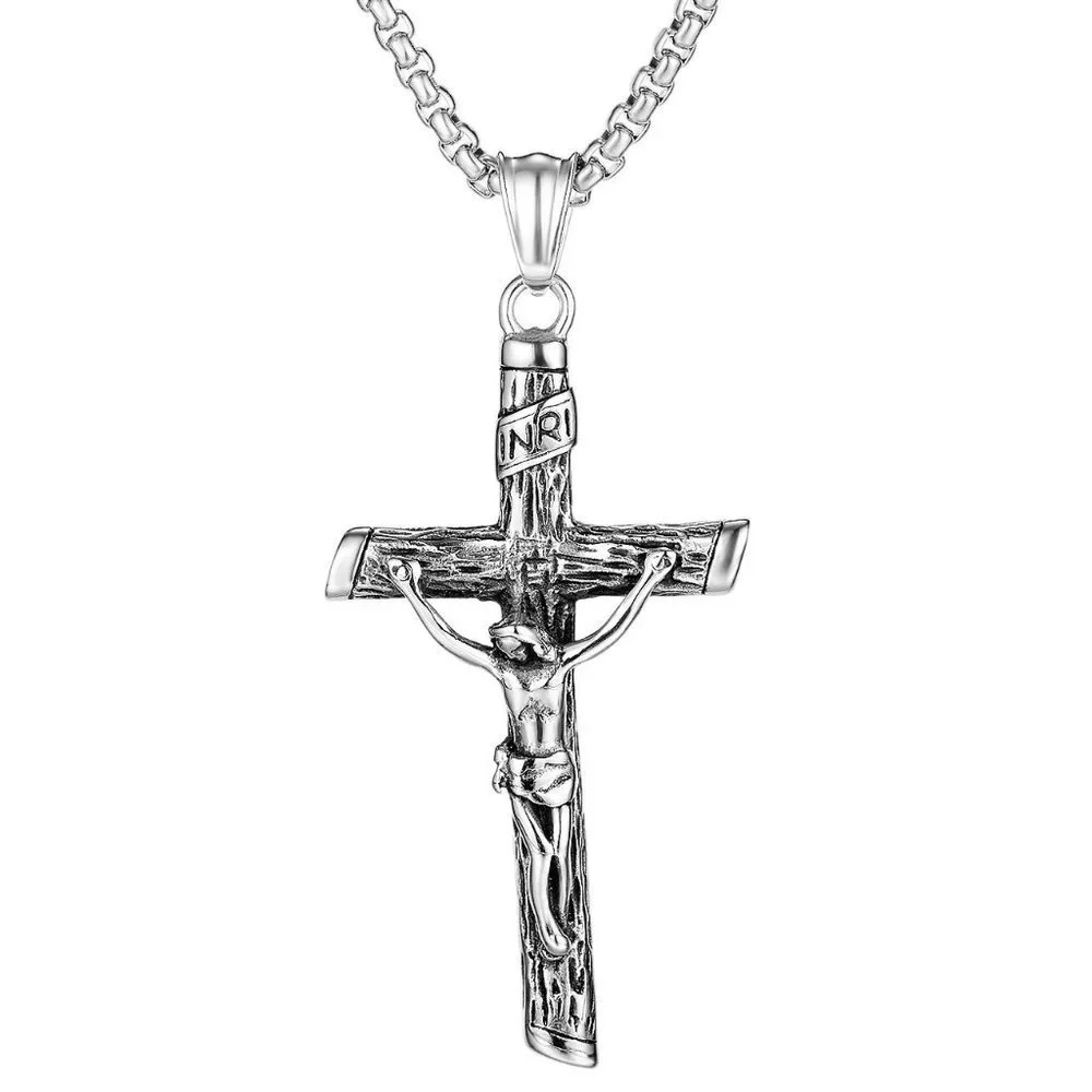 ❤️Vintage stainless steel casting Jesus cross pendantnecklace for menN90201P228